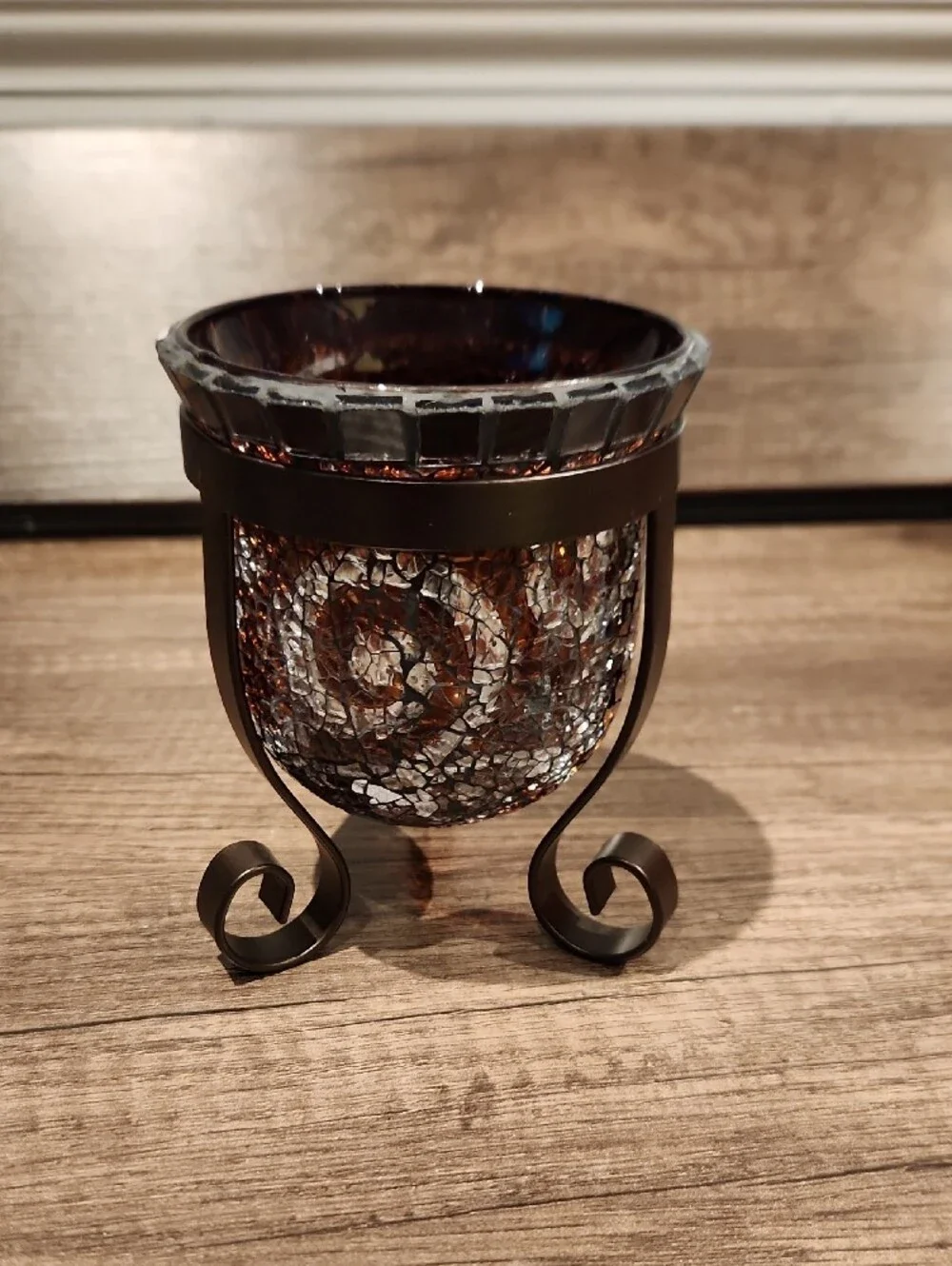 PartyLite Brown Amber Mosaic Glass Votive with Bronze Metal Stand